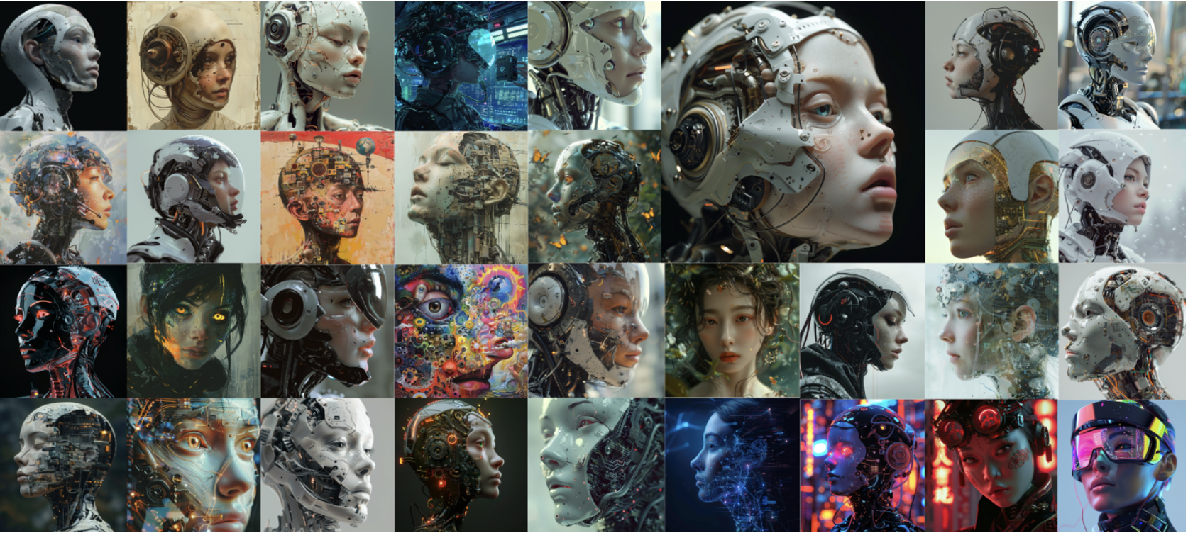 A grid of Midjourney outputs for the prompt Artificial Intelligence, showing repeated anthropomorphized feminized side-profile robot faces