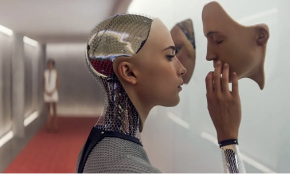 Ava, the fictional AI robot from the film Ex Machina, with a transparent mechanical body and human face