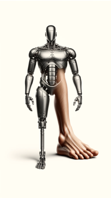 A DALL-E generated pic of a non-anthropomorphized machine wiht obe big foot