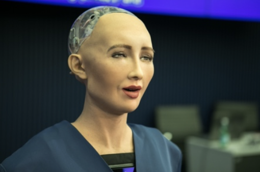 Sophia humanoid robot by Hanson Robotics, with a realistic female face